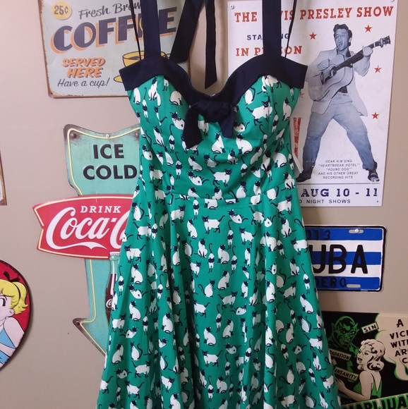 NWT Eva Rose vintage inspired rockabilly swing dress with halter cat print L - Picture 5 of 16